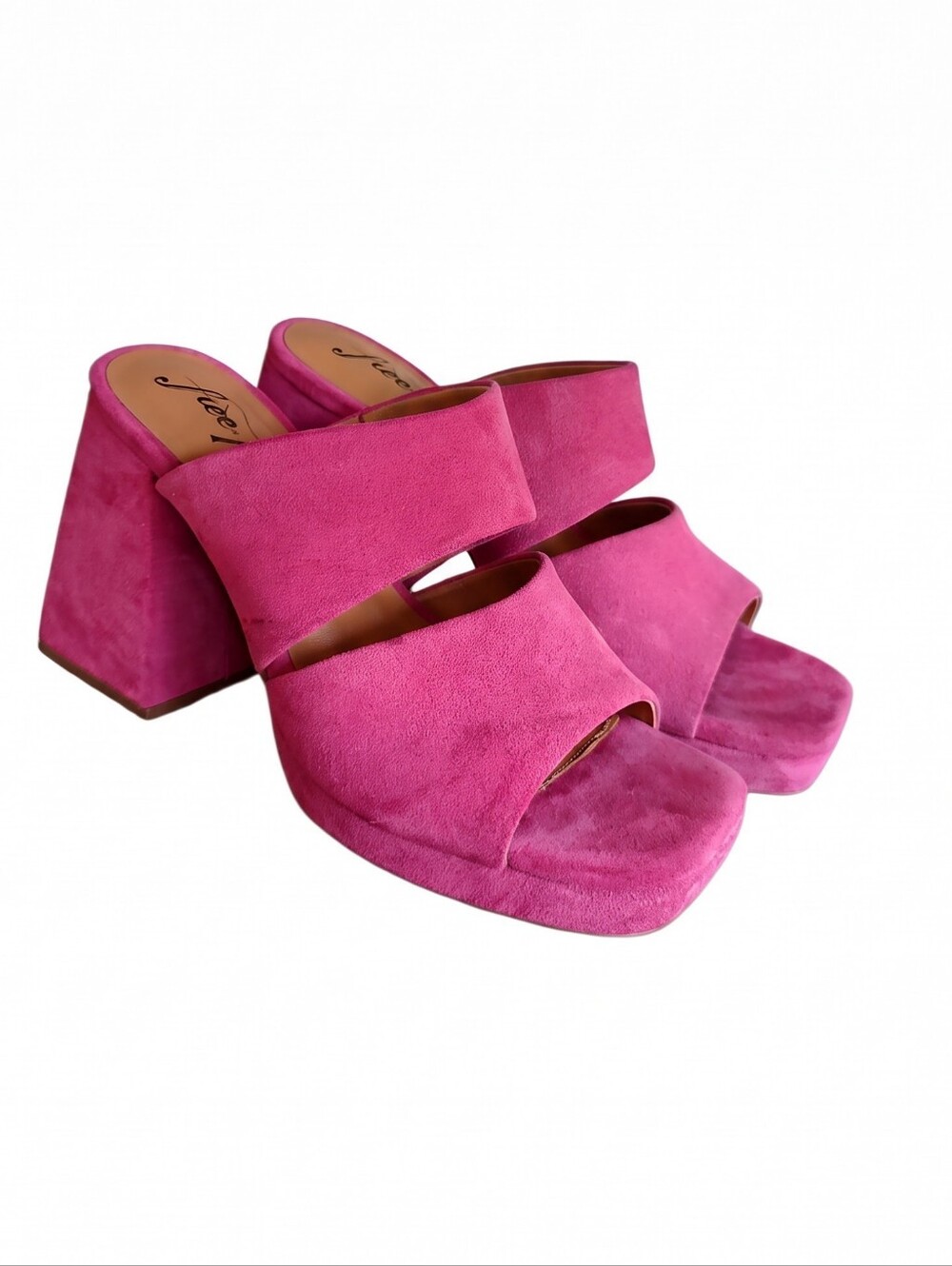 Free People Hot Pink Suede Leather Double-Band Block Heel Mules